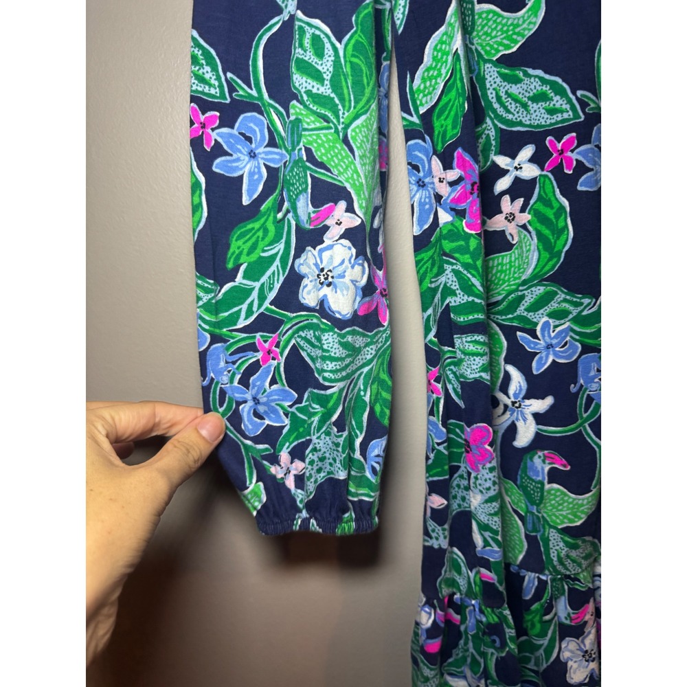 Lilly Pulitzer "Alyssa" Navy Blue Floral Toucan Cotton Knit Ruffle Hem Dress XS - Picture 3 of 7